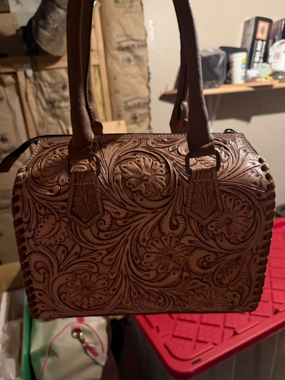 Hand-Tooled Floral Leather Satchel - Brown